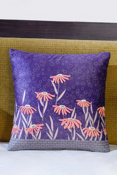 Mid July Home Purple Premium Velvet Floral Moonlit Garden Embroidered Cushion Cover 