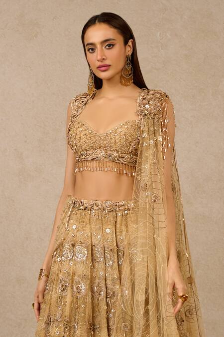 Tarun Tahiliani_Gold Tulle Sequins, Beads Sweetheart Floral Hand Embroidered Bridal Lehenga Set_Online_at_Aza_Fashions