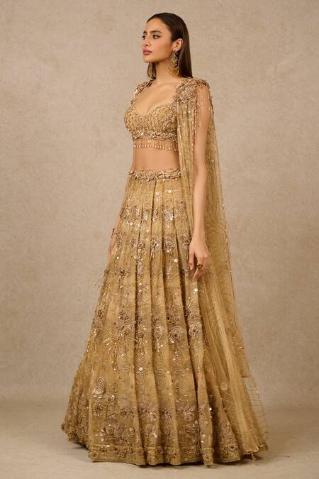 Buy_Tarun Tahiliani_Gold Tulle Sequins, Beads Sweetheart Floral Hand Embroidered Bridal Lehenga Set_Online_at_Aza_Fashions