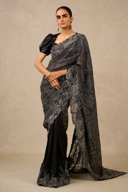 Buy Black Saree Georgette Embroidery Floral Flower Lace For Women