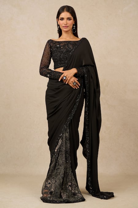 Buy Black Georgette Embroidered Sequins Boat Saree With Blouse For