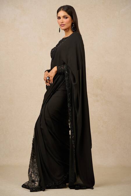 Buy_Tarun Tahiliani_Black Georgette, Tulle Sequins, Beads Boat Saree With Tonal Embroidered Blouse_Online_at_Aza_Fashions