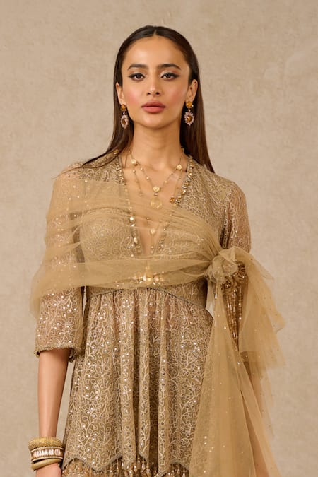 Tarun Tahiliani_Gold Tulle Sequins, Embroidery V-neck Floral Embellished Kurta Sharara Set_Online_at_Aza_Fashions
