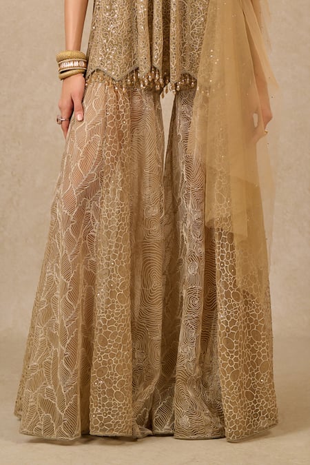 Buy_Tarun Tahiliani_Gold Tulle Sequins, Embroidery V-neck Floral Embellished Kurta Sharara Set_Online_at_Aza_Fashions