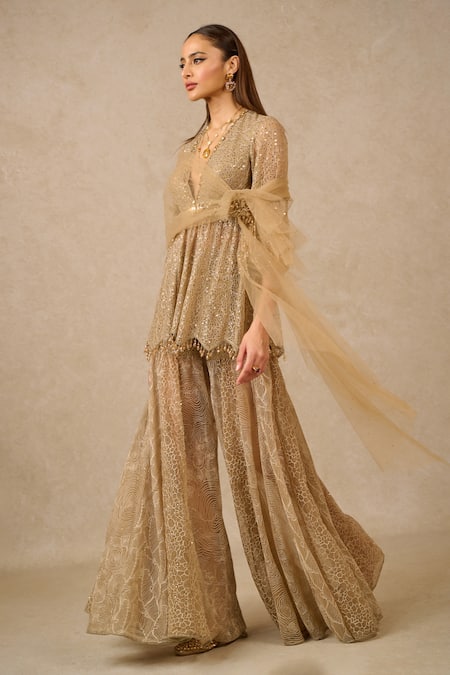 Shop_Tarun Tahiliani_Gold Tulle Sequins, Embroidery V-neck Floral Embellished Kurta Sharara Set_Online_at_Aza_Fashions