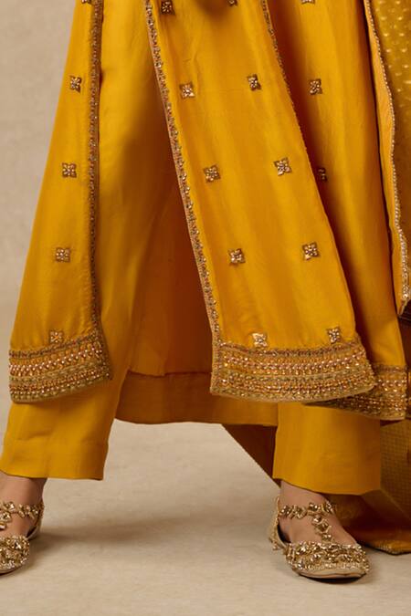 Buy_Tarun Tahiliani_Yellow Silk, Brocade Embroidery Collared Dupion Dori Kurta Trouser Set_Online_at_Aza_Fashions