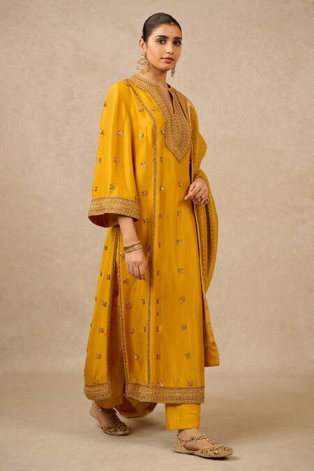 Shop_Tarun Tahiliani_Yellow Silk, Brocade Embroidery Collared Dupion Dori Kurta Trouser Set_Online_at_Aza_Fashions