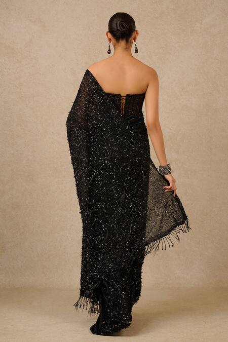 Shop Tarun Tahiliani Black Tulle Sequins, Cut Work, Beads Tonal Embroidered Saree With Corset at Aza Fashions Shop_Tarun Tahiliani_Black Tulle Sequins, Cut Work, Beads Tonal Embroidered Saree With Corset_at_Aza_Fashions