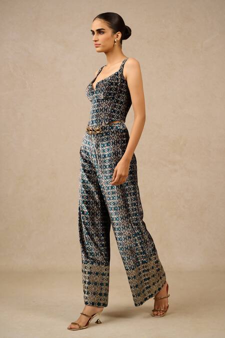 Tarun Tahiliani Black Silk, Velvet Crystals Plunge Neck Printed Corset And Trouser Co-ord Set Online at Aza Fashions Tarun Tahiliani_Black Silk, Velvet Crystals Plunge Neck Printed Corset And Trouser Co-ord Set_Online_at_Aza_Fashions