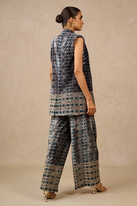 Shop Tarun Tahiliani Black Velvet Crystals, Embroidery, Applique Printed Jacket And Trouser Set at Aza Fashions Shop_Tarun Tahiliani_Black Velvet Crystals, Embroidery, Applique Printed Jacket And Trouser Set_at_Aza_Fashions