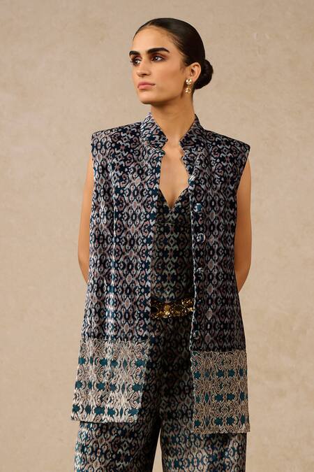 Tarun Tahiliani Black Velvet Crystals, Embroidery, Applique Printed Jacket And Trouser Set Online at Aza Fashions Tarun Tahiliani_Black Velvet Crystals, Embroidery, Applique Printed Jacket And Trouser Set_Online_at_Aza_Fashions