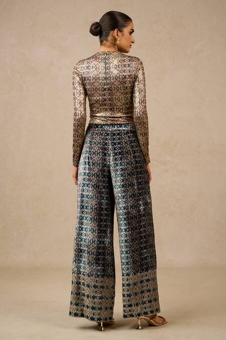 Shop Tarun Tahiliani Black Velvet Crystals Crew Neck Printed Metallic Top And Trouser Set at Aza Fashions Shop_Tarun Tahiliani_Black Velvet Crystals Crew Neck Printed Metallic Top And Trouser Set_at_Aza_Fashions