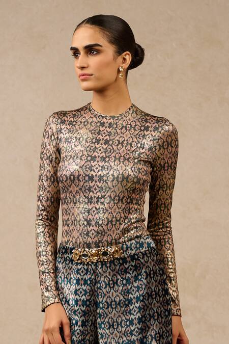 Buy Tarun Tahiliani Black Velvet Crystals Crew Neck Printed Metallic Top And Trouser Set Online at Aza Fashions Buy_Tarun Tahiliani_Black Velvet Crystals Crew Neck Printed Metallic Top And Trouser Set_Online_at_Aza_Fashions