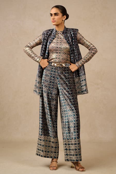 Tarun Tahiliani Black Velvet Digital Printed Abstract Jacket Stand Collar And Trouser Set 