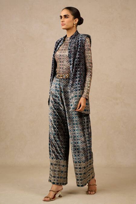 Shop Tarun Tahiliani Black Velvet Crystals, Embroidery Mandarin Collar, Crew Jacket And Trouser Set Online at Aza Fashions Shop_Tarun Tahiliani_Black Velvet Crystals, Embroidery Mandarin Collar, Crew Jacket And Trouser Set_Online_at_Aza_Fashions