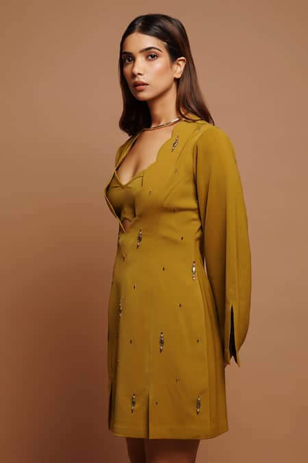 Shop_Ahi Clothing_Yellow Crepe Beads, Embroidery Sweetheart Neck, Dress And Bustier Set _Online_at_Aza_Fashions