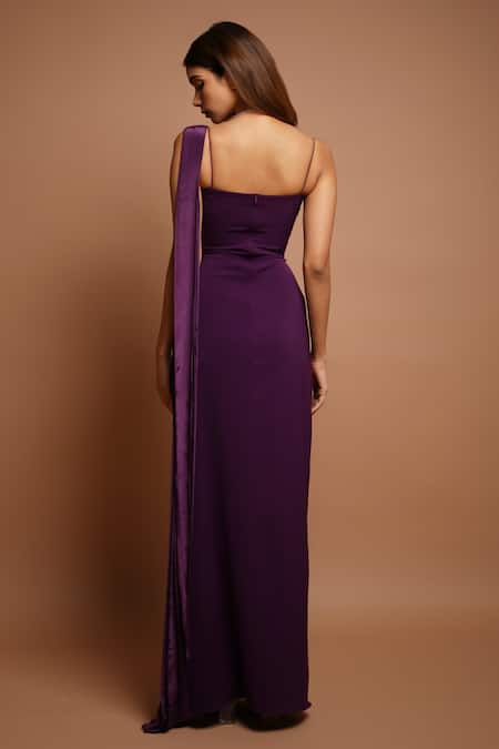Shop_Ahi Clothing_Wine Crepe Cowl Neck Draped High Slit Dress _at_Aza_Fashions
