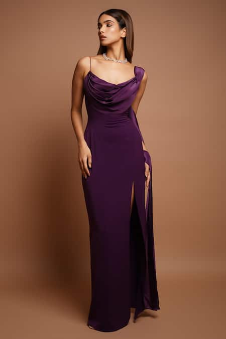 Ahi Clothing_Wine Crepe Cowl Neck Draped High Slit Dress _Online_at_Aza_Fashions