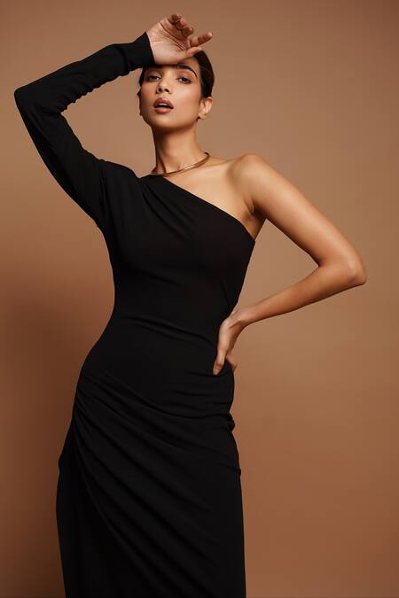 Buy_Ahi Clothing_Black Rayon One Shoulder High Slit Dress _Online_at_Aza_Fashions