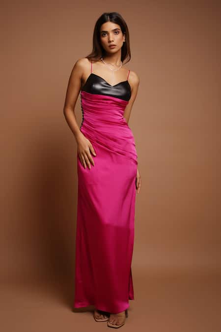 Buy_Ahi Clothing_Pink Leather, Satin Sweetheart Neck Pleated Draped High Slit Dress _Online_at_Aza_Fashions