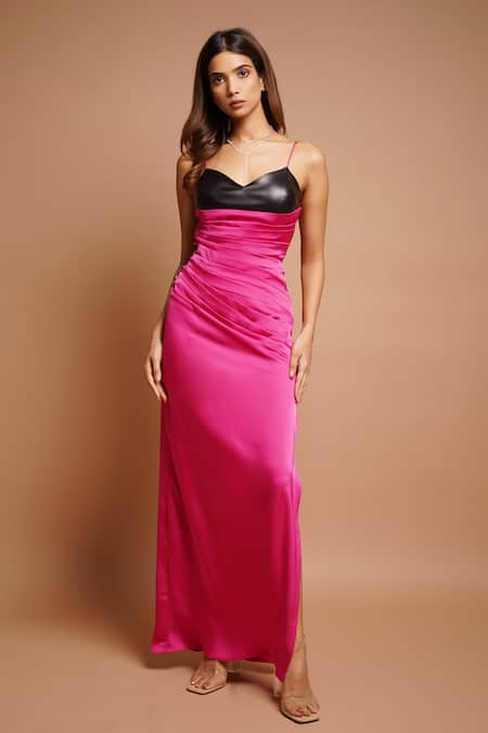 Ahi Clothing_Pink Leather, Satin Sweetheart Neck Pleated Draped High Slit Dress _at_Aza_Fashions