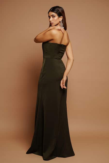 Shop_Ahi Clothing_Green Crepe Off-shoulder Corset Yoke Slit Dress _at_Aza_Fashions