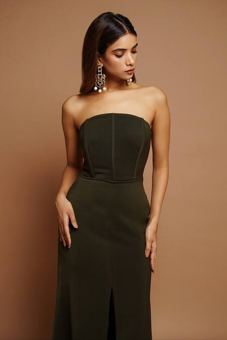 Shop_Ahi Clothing_Green Crepe Off-shoulder Corset Yoke Slit Dress _Online_at_Aza_Fashions