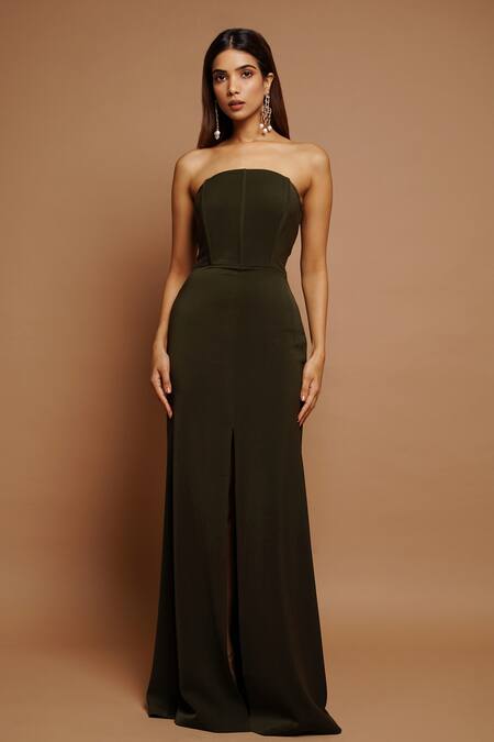 Ahi Clothing_Green Crepe Off-shoulder Corset Yoke Slit Dress _at_Aza_Fashions