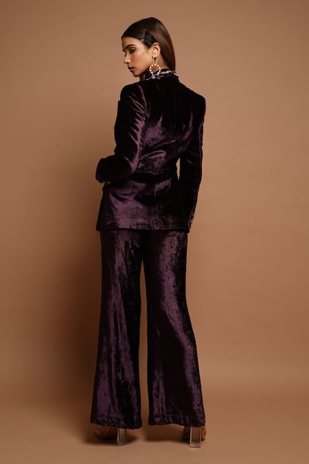 Shop_Ahi Clothing_Wine Velvet Sequins, Metallic Thread, Cut Embroidered Collar Blazer Pant Set _at_Aza_Fashions