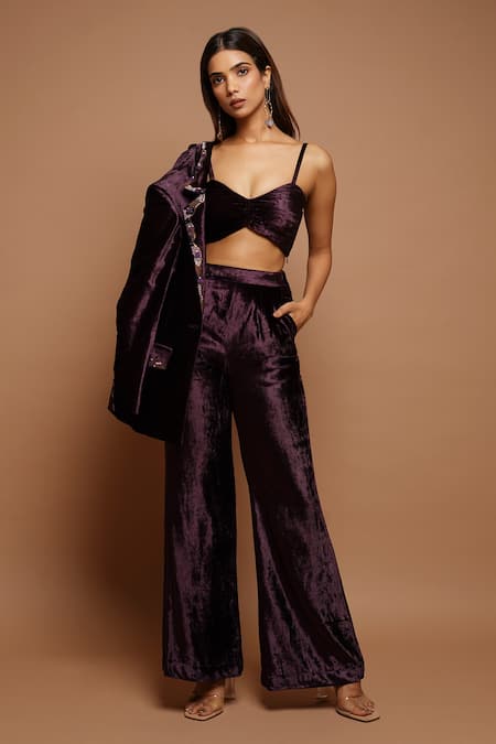 Ahi Clothing_Wine Velvet Sequins, Metallic Thread, Cut Embroidered Collar Blazer Pant Set _Online_at_Aza_Fashions