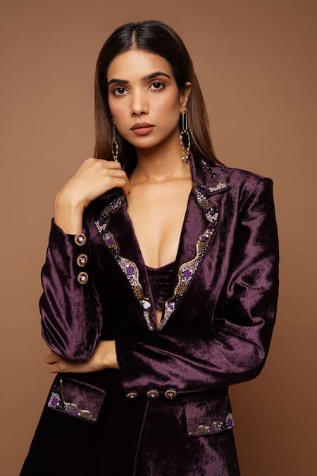Buy_Ahi Clothing_Wine Velvet Sequins, Metallic Thread, Cut Embroidered Collar Blazer Pant Set _Online_at_Aza_Fashions