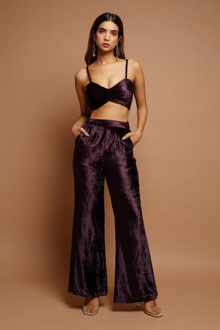 Shop_Ahi Clothing_Wine Velvet Sequins, Metallic Thread, Cut Embroidered Collar Blazer Pant Set _Online_at_Aza_Fashions