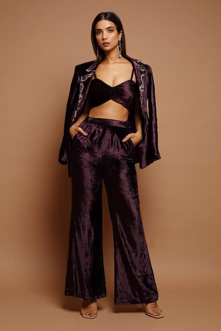 Ahi Clothing_Wine Velvet Sequins, Metallic Thread, Cut Embroidered Collar Blazer Pant Set _at_Aza_Fashions