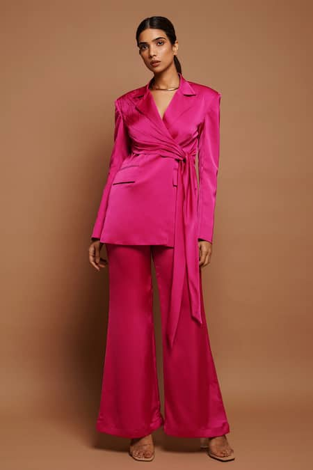 Ahi Clothing Pink Royal Satin Plain Notched Lapel Collar Pleated Draped Blazer And Pant Set 