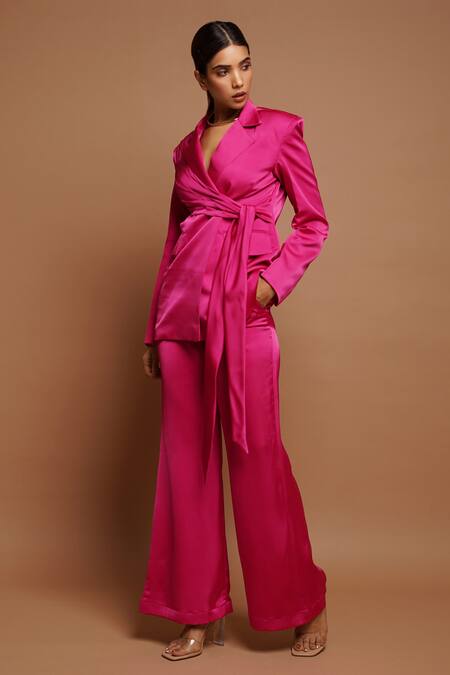 Ahi Clothing_Pink Satin, Crepe, Silk Pleated Draped Blazer And Pant Set _Online_at_Aza_Fashions