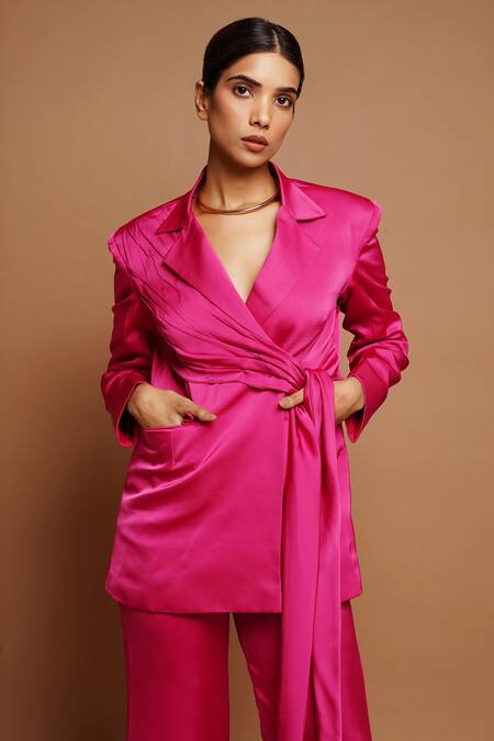 Shop_Ahi Clothing_Pink Satin, Crepe, Silk Pleated Draped Blazer And Pant Set _Online_at_Aza_Fashions