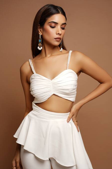 Buy White Imported Luxury Crepe Embellished Ruched Peplum Top And