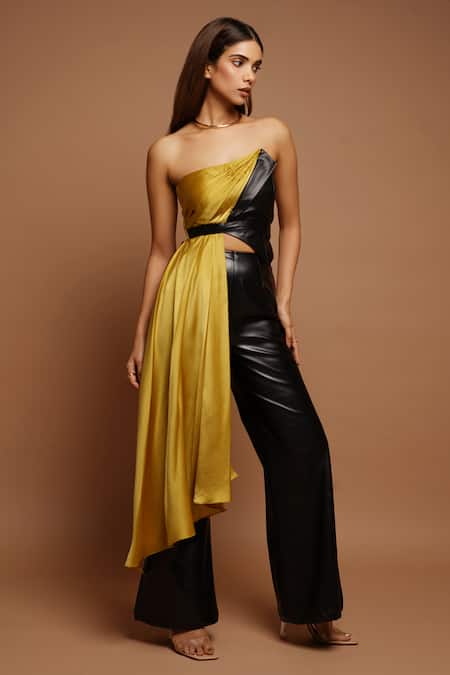 Ahi Clothing_Black Leather, Satin Cut Work Asymmetric Pleated Draped Top And Pant Set _Online_at_Aza_Fashions
