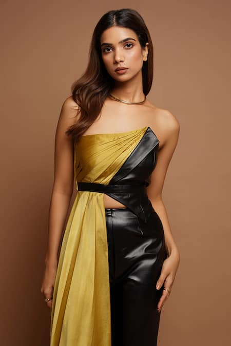 Buy_Ahi Clothing_Black Leather, Satin Cut Work Asymmetric Pleated Draped Top And Pant Set _Online_at_Aza_Fashions