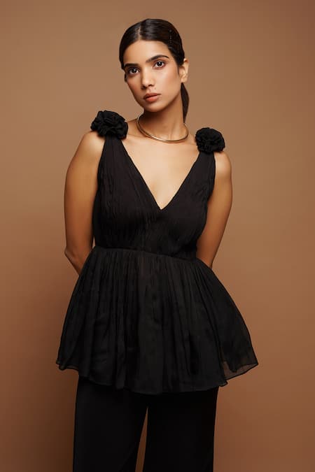 Ahi Clothing_Black Organza, Crepe Fabric Flowers Plunge Neck Pleated Peplum Top And Pant Set _Online_at_Aza_Fashions