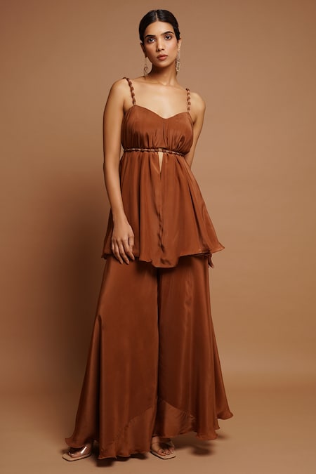 Ahi Clothing Brown Heavy Crepe Plain Sweetheart Neck Flared Peplum Top And Pant Set