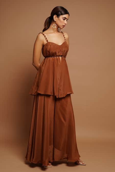 Ahi Clothing_Brown Crepe Sweetheart Neck Flared Peplum Top And Pant Set _Online_at_Aza_Fashions