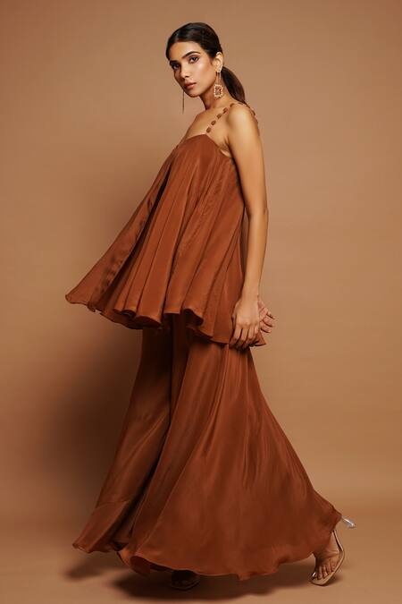 Buy_Ahi Clothing_Brown Crepe Sweetheart Neck Flared Peplum Top And Pant Set _Online_at_Aza_Fashions