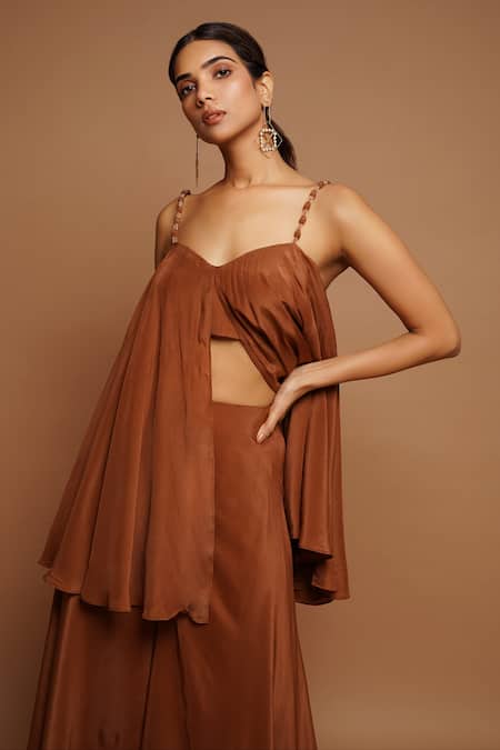 Shop_Ahi Clothing_Brown Crepe Sweetheart Neck Flared Peplum Top And Pant Set _Online_at_Aza_Fashions