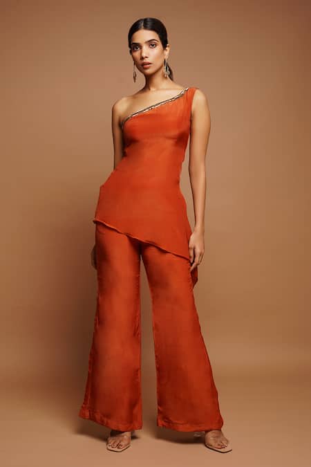 Ahi Clothing Red Heavy Crepe Hand Embroidered Cut Dana Work One Shoulder Neck Top And Pant Set