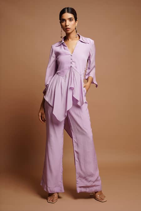 Ahi Clothing Purple Heavy Crepe Hand Embroidered Cut Dana And Pearl Work Spread Top & Pant Set