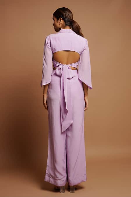 Shop_Ahi Clothing_Purple Crepe, Silk Embroidery Collared Lilac Hand Top And Pant Set _at_Aza_Fashions