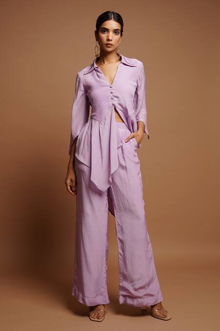 Ahi Clothing_Purple Crepe, Silk Embroidery Collared Lilac Hand Top And Pant Set _Online_at_Aza_Fashions