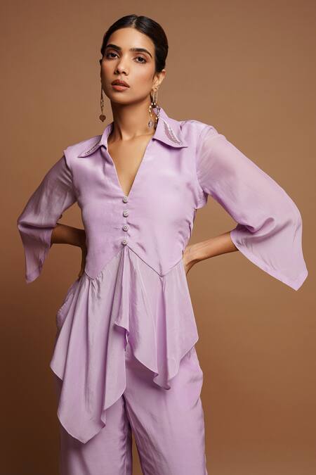 Buy_Ahi Clothing_Purple Crepe, Silk Embroidery Collared Lilac Hand Top And Pant Set _Online_at_Aza_Fashions