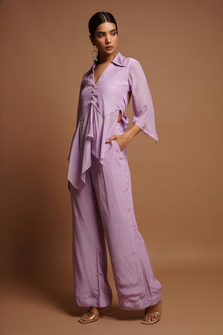 Shop_Ahi Clothing_Purple Crepe, Silk Embroidery Collared Lilac Hand Top And Pant Set _Online_at_Aza_Fashions